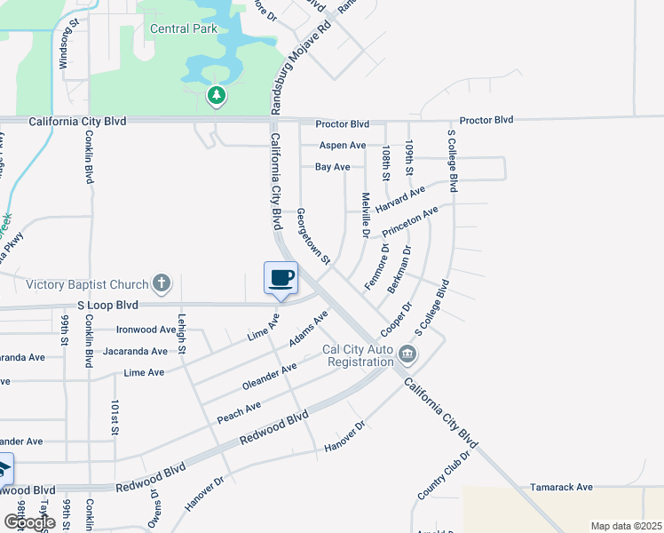 map of restaurants, bars, coffee shops, grocery stores, and more near 107th Street in California City