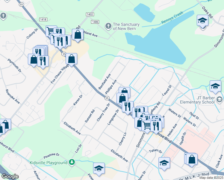 map of restaurants, bars, coffee shops, grocery stores, and more near 1306 Phillips Ave in New Bern
