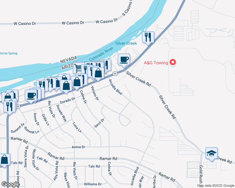 map of restaurants, bars, coffee shops, grocery stores, and more near 1269 Arcadia Boulevard in Bullhead City