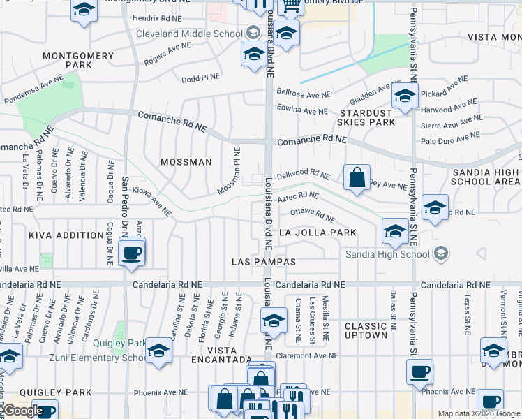map of restaurants, bars, coffee shops, grocery stores, and more near 6980 Kiowa Avenue Northeast in Albuquerque