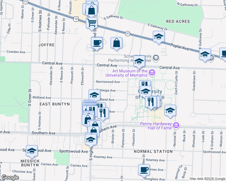 map of restaurants, bars, coffee shops, grocery stores, and more near 3585 Watauga Avenue in Memphis