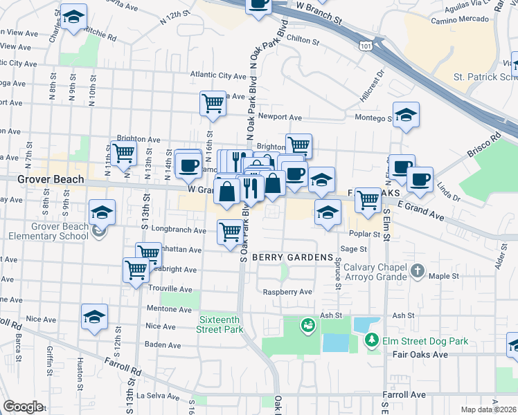map of restaurants, bars, coffee shops, grocery stores, and more near in Grover Beach