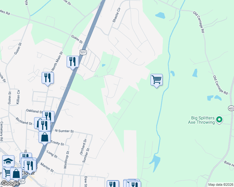 map of restaurants, bars, coffee shops, grocery stores, and more near 115 Cloverleaf Drive in Clover