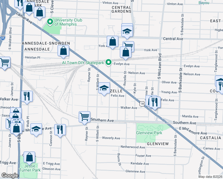 map of restaurants, bars, coffee shops, grocery stores, and more near 960 Roland Street in Memphis
