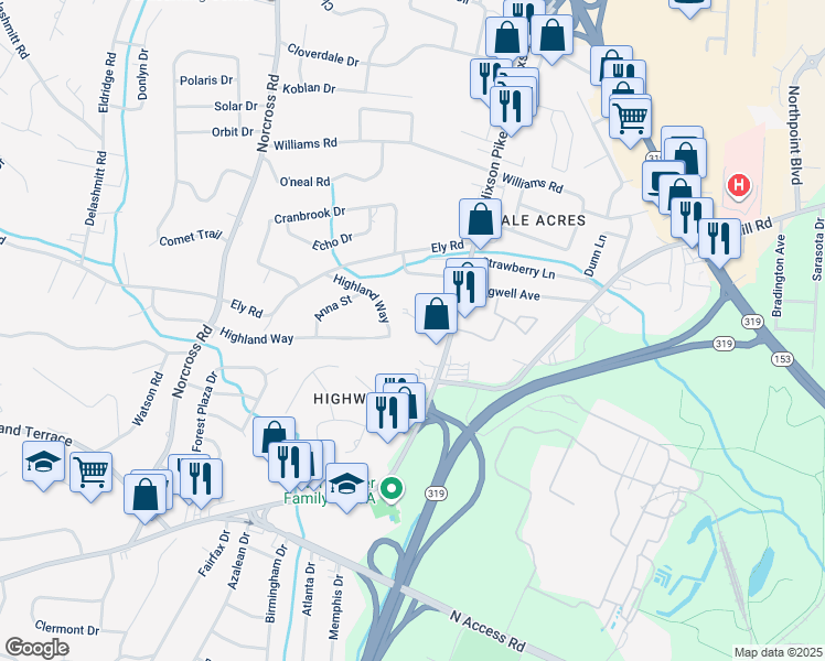 map of restaurants, bars, coffee shops, grocery stores, and more near 4515 Hixson Pike in Chattanooga