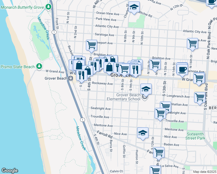 map of restaurants, bars, coffee shops, grocery stores, and more near 634 Rockaway Avenue in Grover Beach