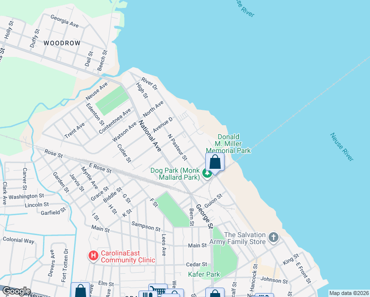 map of restaurants, bars, coffee shops, grocery stores, and more near 410 Avenue B in New Bern