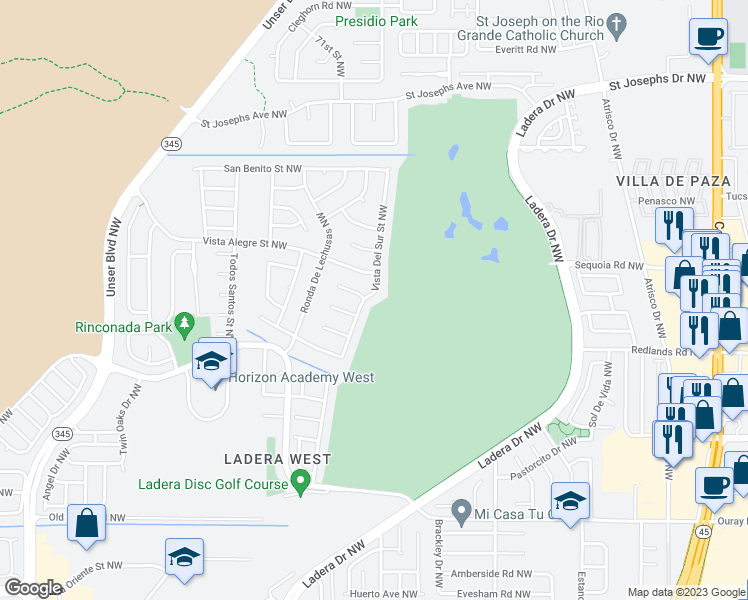 map of restaurants, bars, coffee shops, grocery stores, and more near 3304 Vista Del Sur Street Northwest in Albuquerque