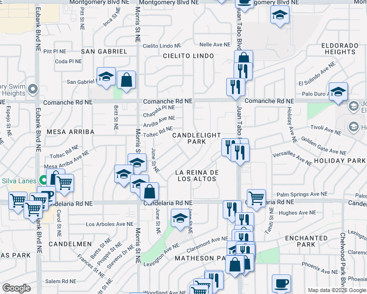 map of restaurants, bars, coffee shops, grocery stores, and more near 3220 Judy Place Northeast in Albuquerque