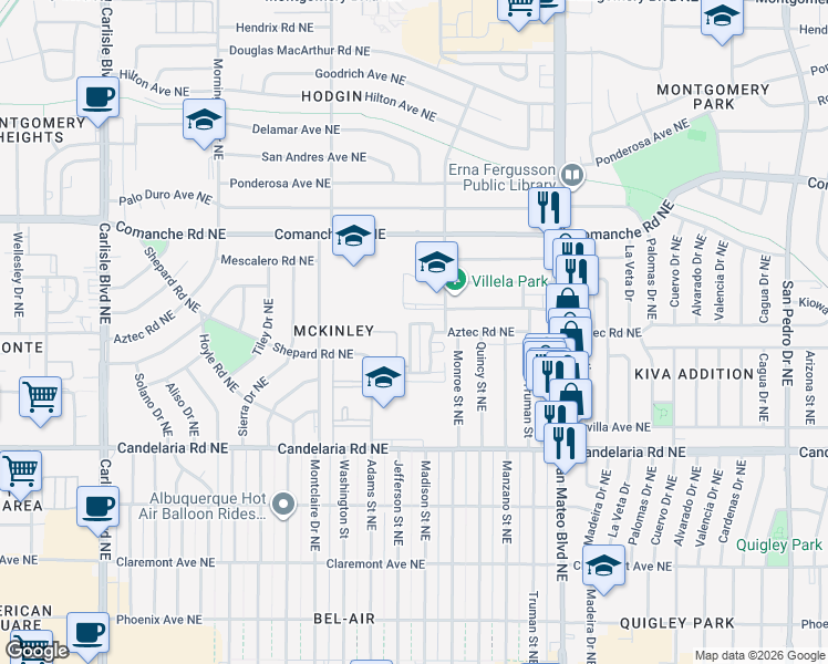map of restaurants, bars, coffee shops, grocery stores, and more near 3301 Monroe Street Northeast in Albuquerque