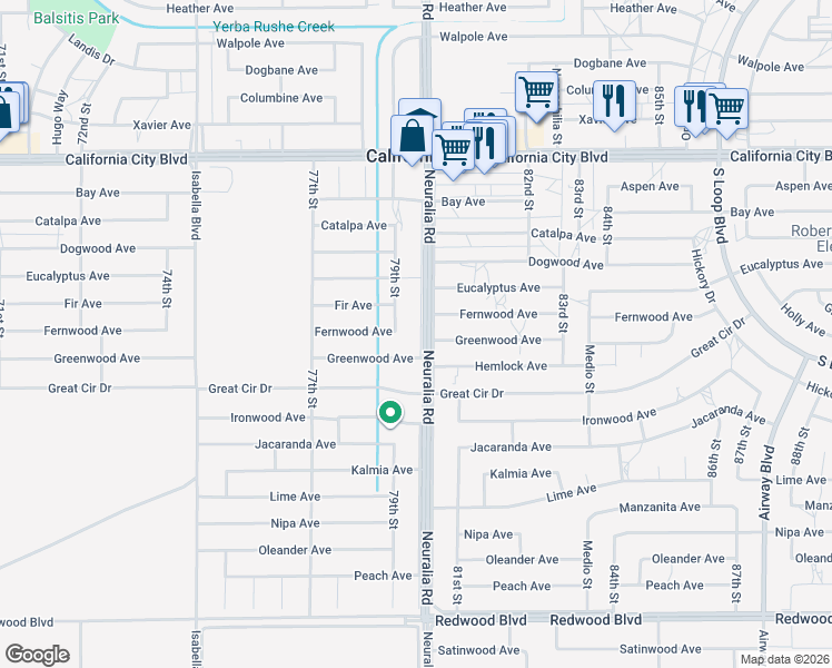 map of restaurants, bars, coffee shops, grocery stores, and more near 20548 Neuralia Road in California City