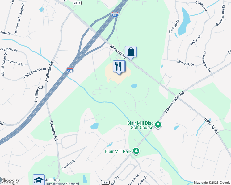 map of restaurants, bars, coffee shops, grocery stores, and more near 15120 Idlewild Road in Matthews