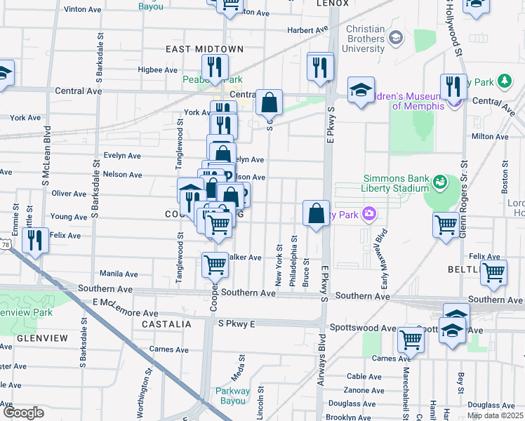 map of restaurants, bars, coffee shops, grocery stores, and more near 960 South Cox Street in Memphis