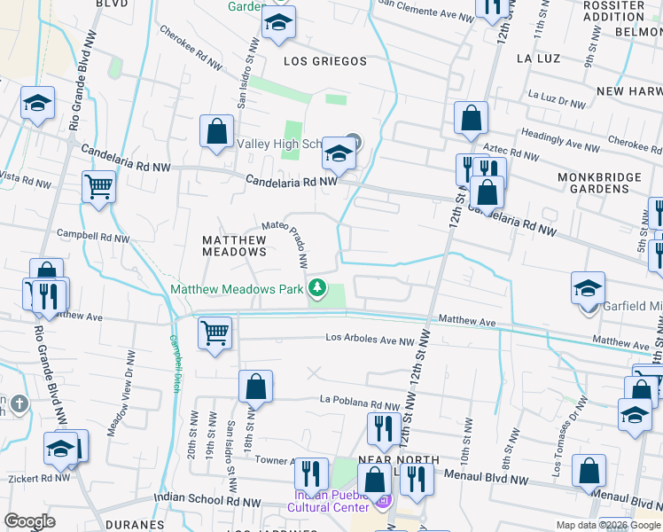 map of restaurants, bars, coffee shops, grocery stores, and more near 26 Garden Park Circle Northwest in Albuquerque