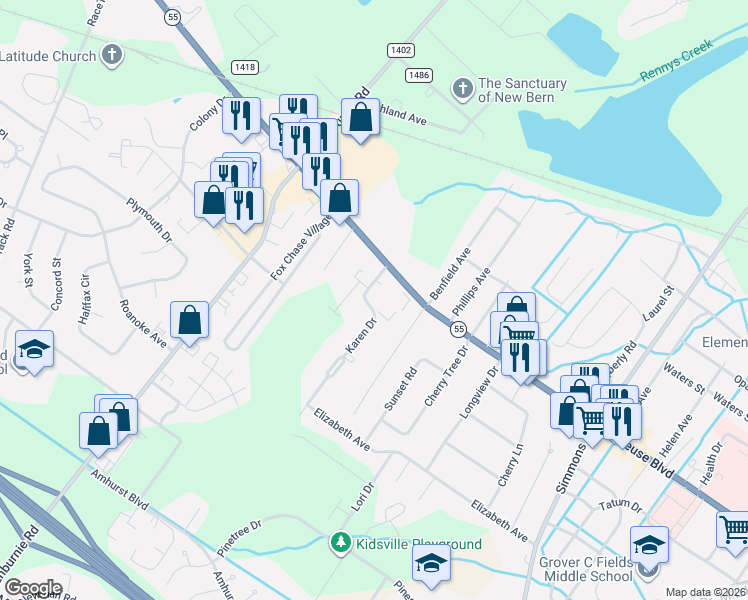 map of restaurants, bars, coffee shops, grocery stores, and more near 1101 Karen Drive in New Bern