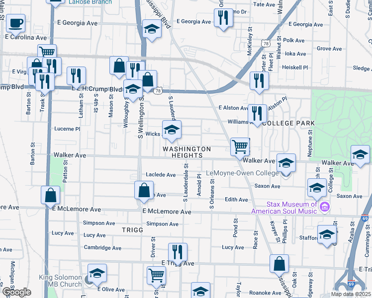map of restaurants, bars, coffee shops, grocery stores, and more near 563 Stephens Place in Memphis