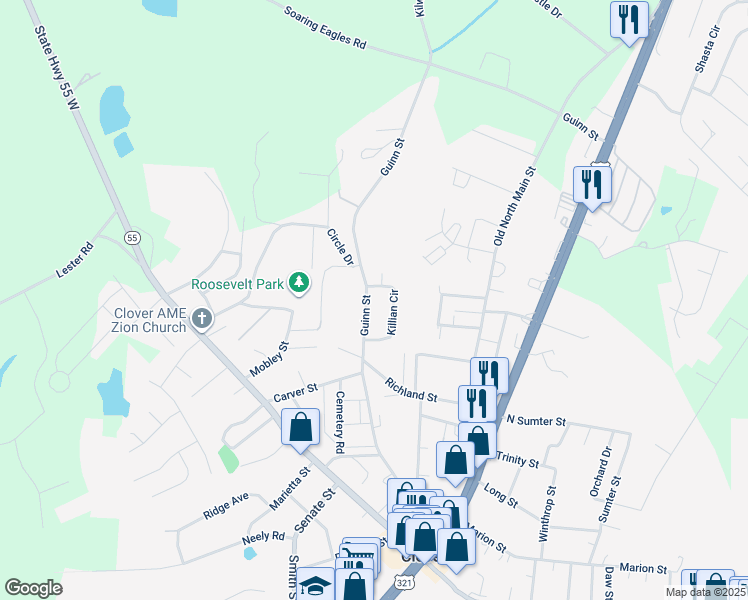 map of restaurants, bars, coffee shops, grocery stores, and more near 514 Guinn Street in Clover