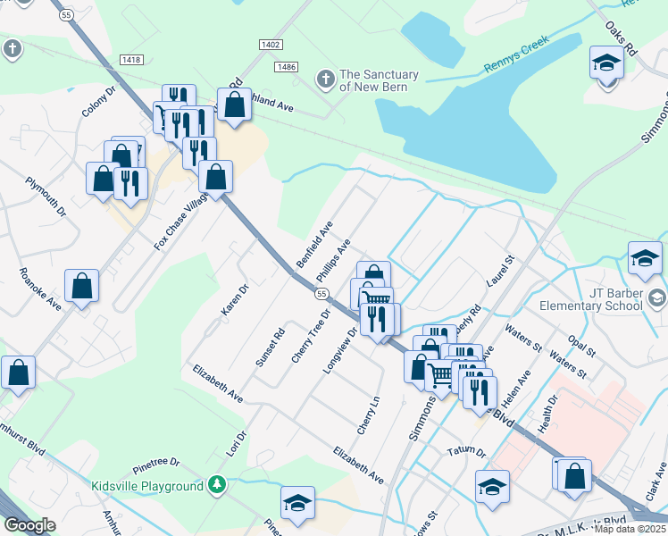 map of restaurants, bars, coffee shops, grocery stores, and more near 1306 Phillips Ave in New Bern