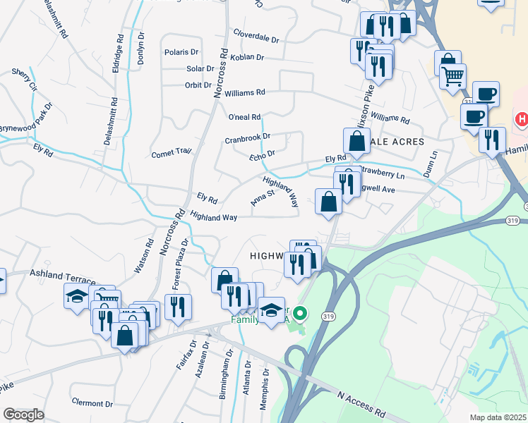 map of restaurants, bars, coffee shops, grocery stores, and more near 1429 Highland Way in Chattanooga