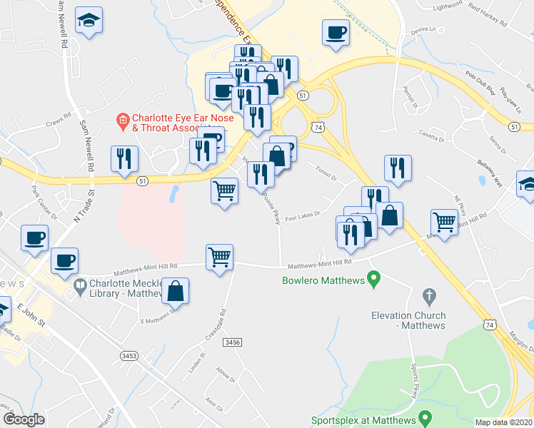 map of restaurants, bars, coffee shops, grocery stores, and more near 10714 Independence Pointe Parkway in Matthews