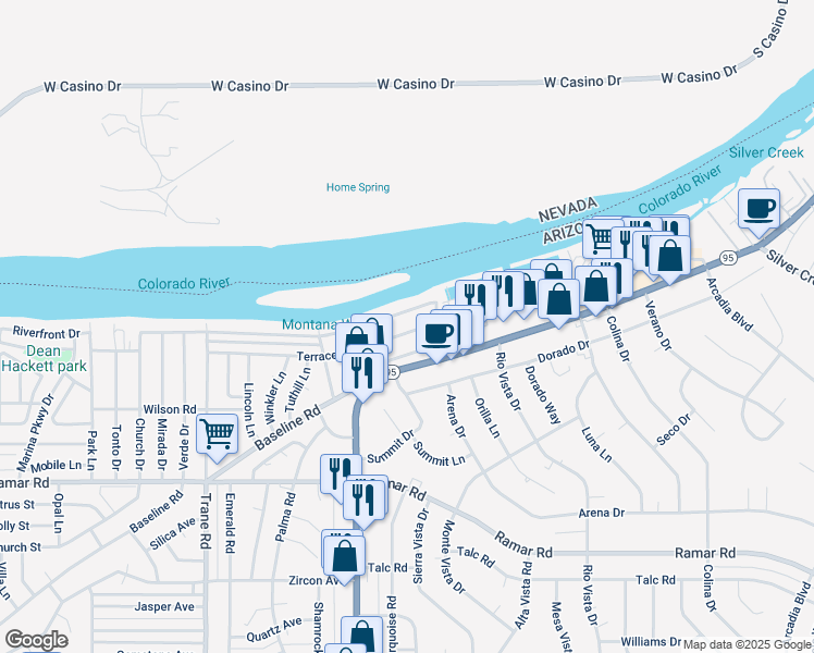 map of restaurants, bars, coffee shops, grocery stores, and more near 1479 Bryan Drive in Bullhead City