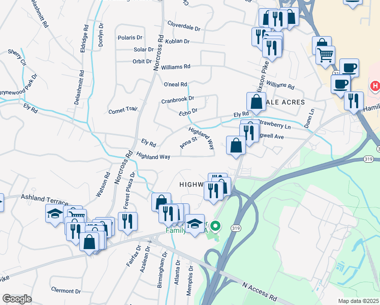 map of restaurants, bars, coffee shops, grocery stores, and more near 1429 Highland Way in Chattanooga