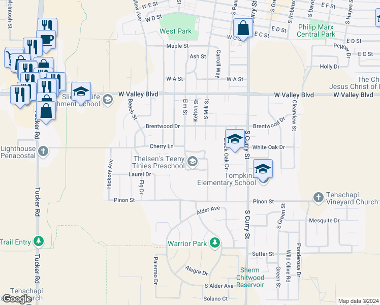 map of restaurants, bars, coffee shops, grocery stores, and more near 466 Jonathan Place in Tehachapi