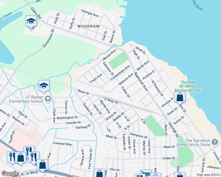 map of restaurants, bars, coffee shops, grocery stores, and more near 614 Watson Avenue in New Bern