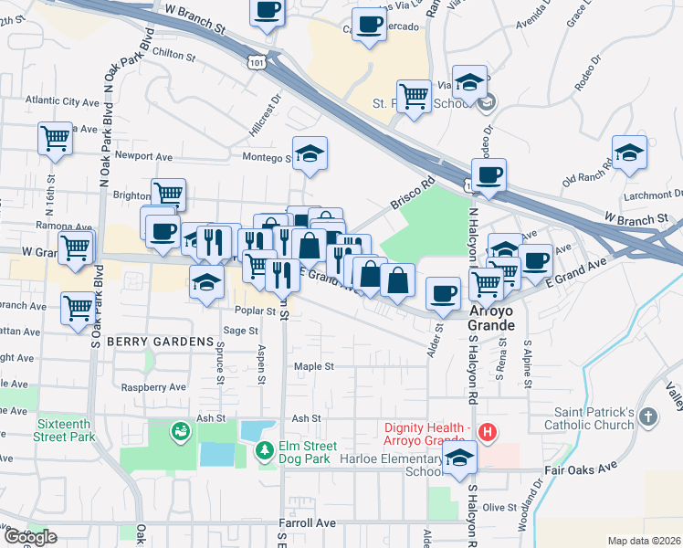 map of restaurants, bars, coffee shops, grocery stores, and more near 1140 East Grand Avenue in Arroyo Grande