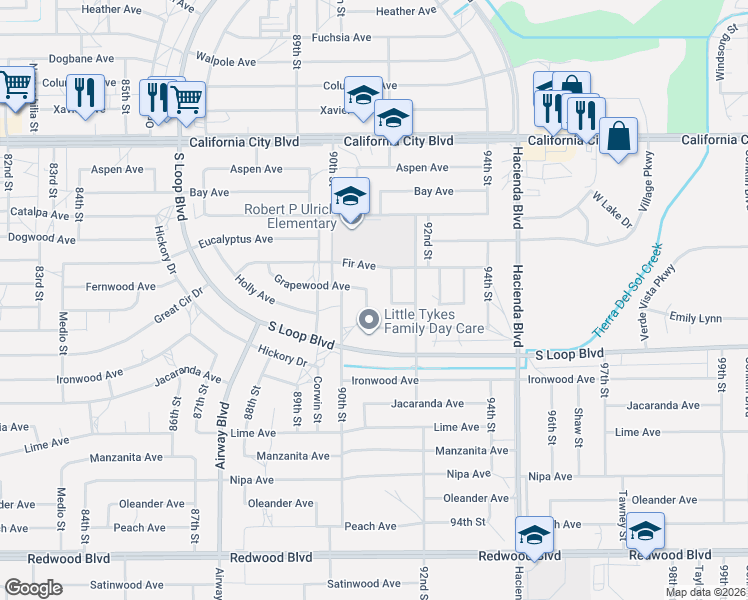 map of restaurants, bars, coffee shops, grocery stores, and more near 20661 91st Street in California City