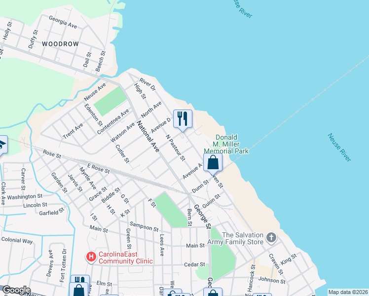 map of restaurants, bars, coffee shops, grocery stores, and more near 1310 N Craven St in New Bern