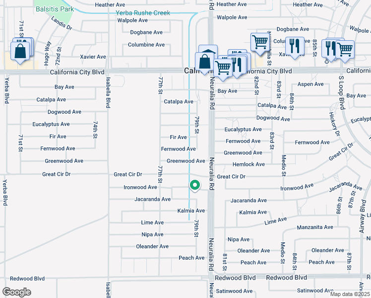 map of restaurants, bars, coffee shops, grocery stores, and more near Fernwood Avenue in California City