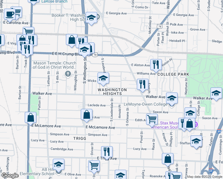 map of restaurants, bars, coffee shops, grocery stores, and more near 563 Stephens Place in Memphis
