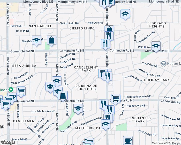 map of restaurants, bars, coffee shops, grocery stores, and more near 3417 Juan Tabo Boulevard Northeast in Albuquerque