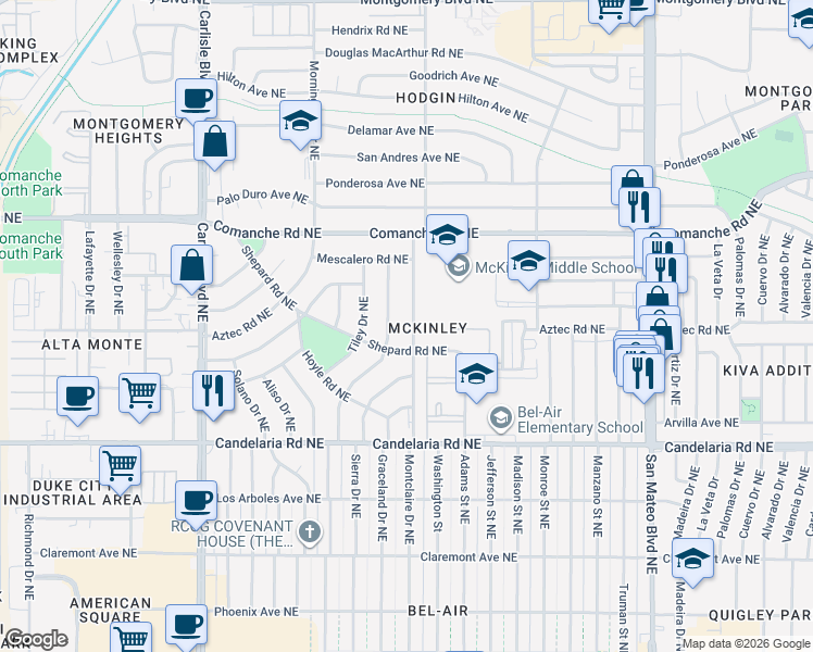 map of restaurants, bars, coffee shops, grocery stores, and more near 3337 Montclaire Drive Northeast in Albuquerque