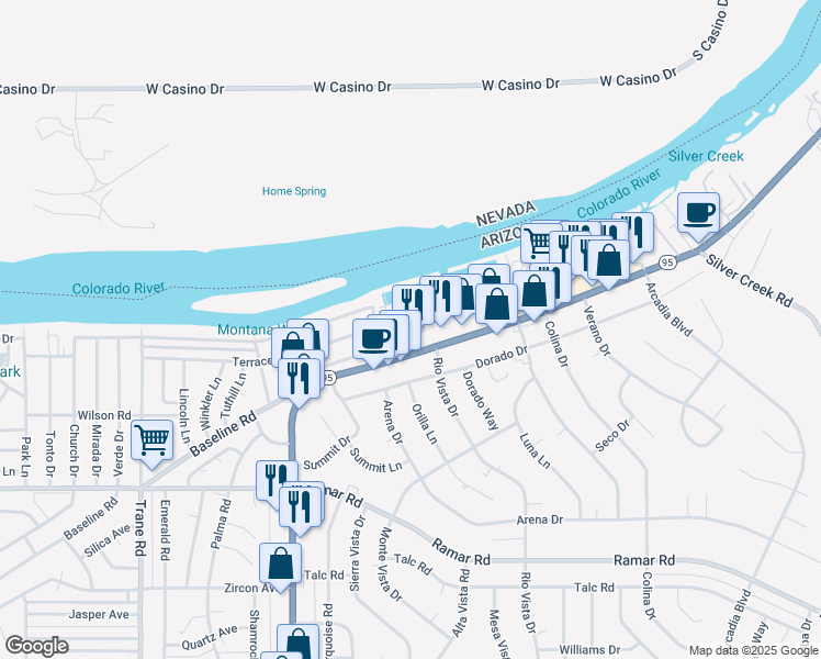 map of restaurants, bars, coffee shops, grocery stores, and more near 1800 Club House Drive in Bullhead City