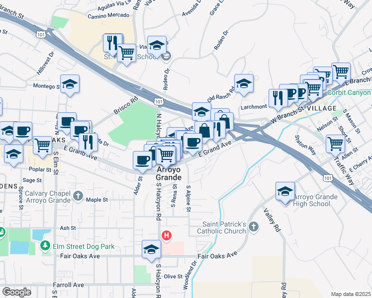map of restaurants, bars, coffee shops, grocery stores, and more near 616 Cornwall Avenue in Arroyo Grande