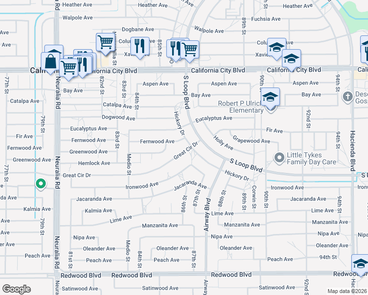 map of restaurants, bars, coffee shops, grocery stores, and more near 8621 Hickory Drive in California City