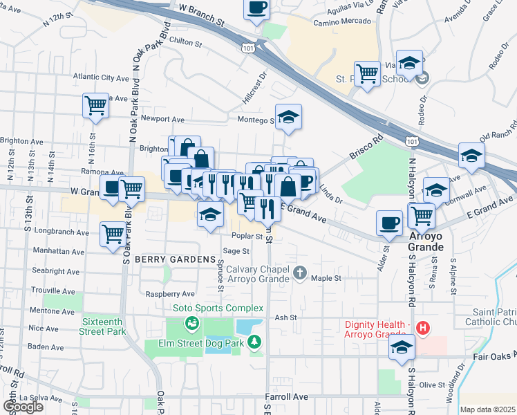 map of restaurants, bars, coffee shops, grocery stores, and more near 1211 East Grand Avenue in Arroyo Grande