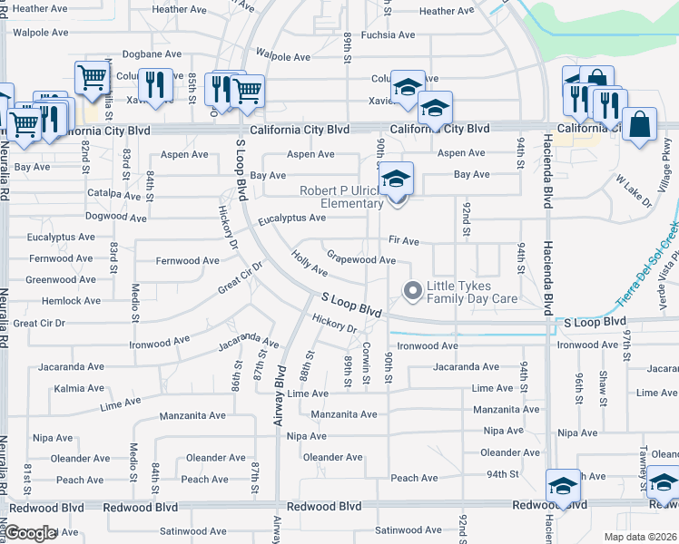 map of restaurants, bars, coffee shops, grocery stores, and more near in California City