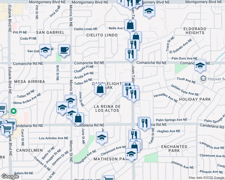 map of restaurants, bars, coffee shops, grocery stores, and more near 3417 Juan Tabo Boulevard Northeast in Albuquerque