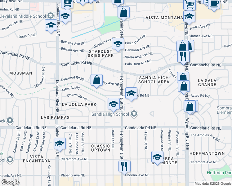 map of restaurants, bars, coffee shops, grocery stores, and more near 7512 Mcnerney Avenue Northeast in Albuquerque