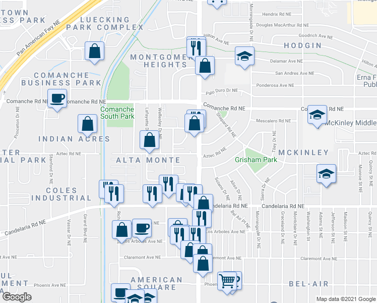map of restaurants, bars, coffee shops, grocery stores, and more near 3524 Tyson Place Northeast in Albuquerque