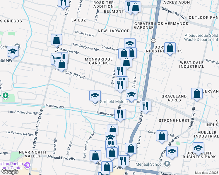 map of restaurants, bars, coffee shops, grocery stores, and more near 513 Candelaria Road Northwest in Albuquerque