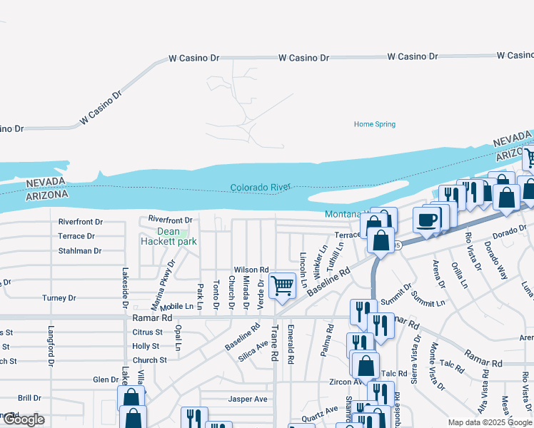map of restaurants, bars, coffee shops, grocery stores, and more near 1245 Riverfront Dr in Bullhead City
