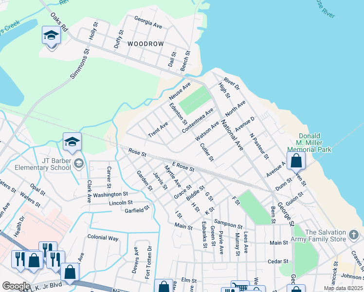 map of restaurants, bars, coffee shops, grocery stores, and more near 614 Watson Avenue in New Bern