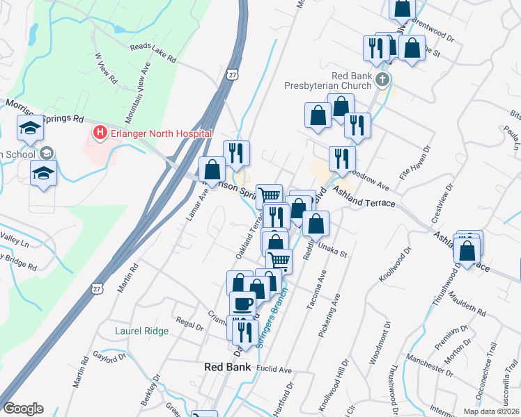 map of restaurants, bars, coffee shops, grocery stores, and more near 4005 Oakland Terrace in Chattanooga
