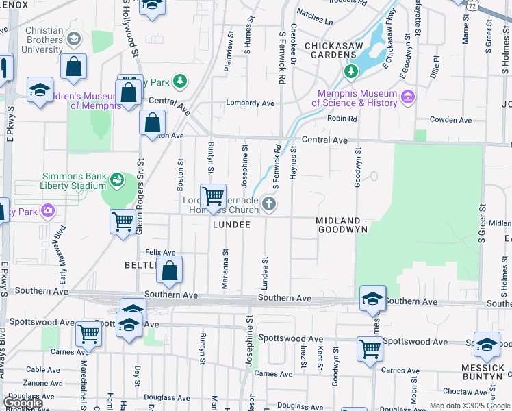 map of restaurants, bars, coffee shops, grocery stores, and more near 415 South Fenwick Road in Memphis