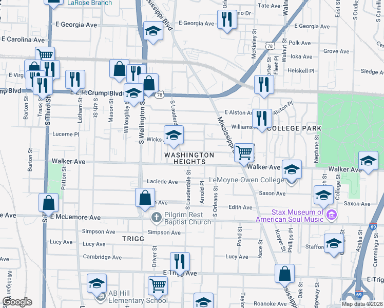 map of restaurants, bars, coffee shops, grocery stores, and more near 553 Wicks Avenue in Memphis