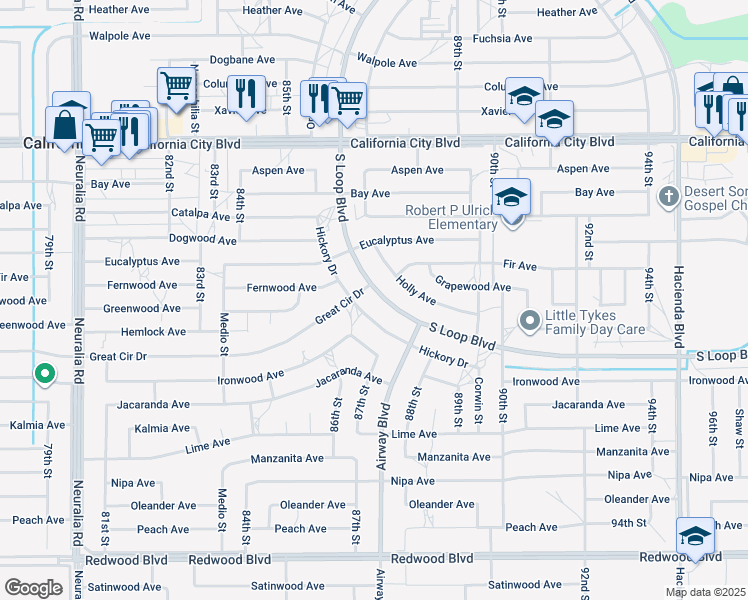 map of restaurants, bars, coffee shops, grocery stores, and more near 8710 South Loop Boulevard in California City